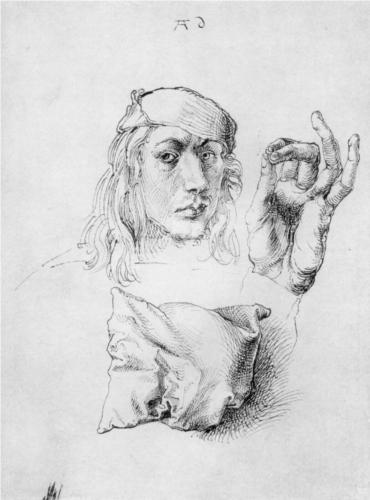 Study Sheet with Self-Portrait, Hand, and Cushions