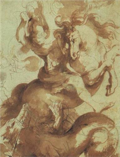 Peter Paul Rubens, St. George Slaying the Dragon, pen and ink on paper
