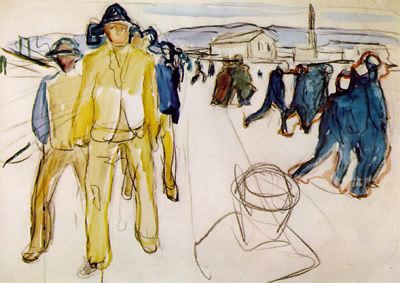 Edvard Munch, Workers on Their Way Home 1, 1918, charcoal, crayon, and watercolor on paper