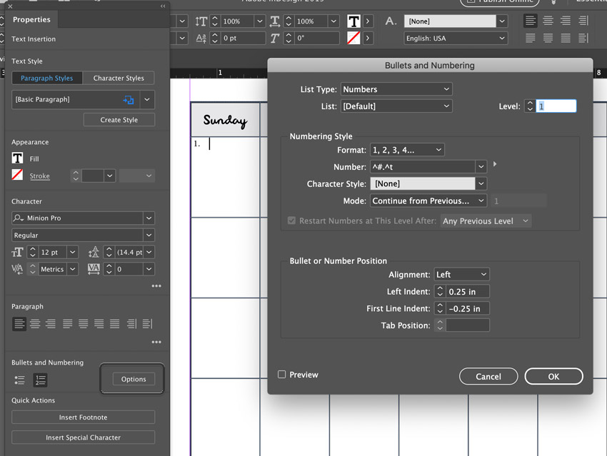 Bullets and numbering options