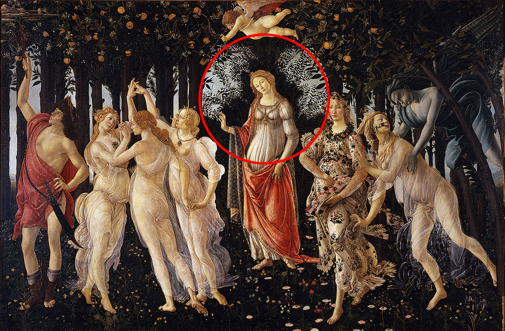 The background creates a circle to draw the viewers focus. Primavera by Sandro Botticelli.