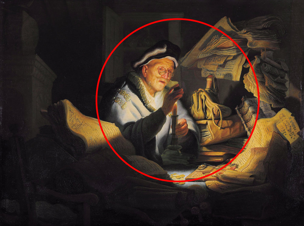 The books and piles create a circle like focus on the subject. The Parable of the Rich Fool by Rembrandt.