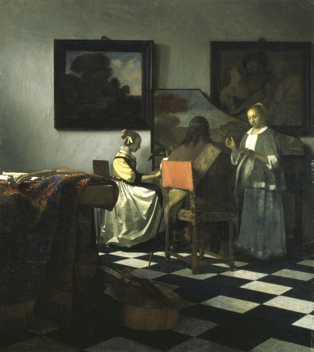 Example of symmetrical balance used between the paintings on the wall to create calm feeling. The Concert by Vermeer.