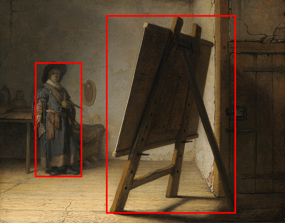 Example of asymmetrical balance creating a sense of contrast. The Artist in his Studio by Rembrandt.