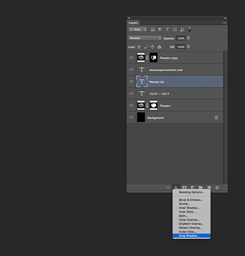 Add a drop shadow effect to the Woman Up text layer