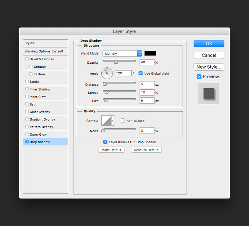 The Layer Style window will open up Tweak the settings to create a soft shadow 