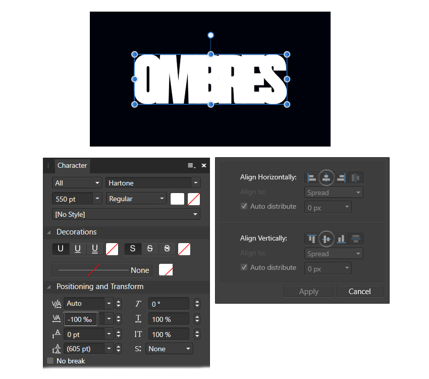 how to adjust text for shadow affinity photo text effect