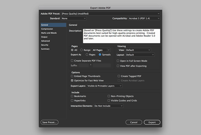 select the export as spreads setting