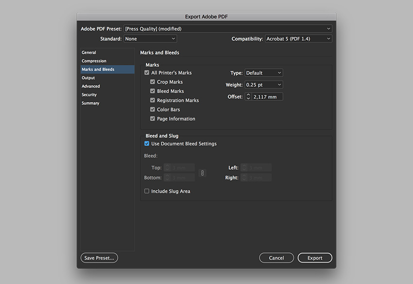 Select all printer marks under marks and bleeds Use the document bleed settings and export