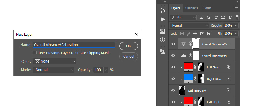 creating new vibrance and saturation adjustment layer