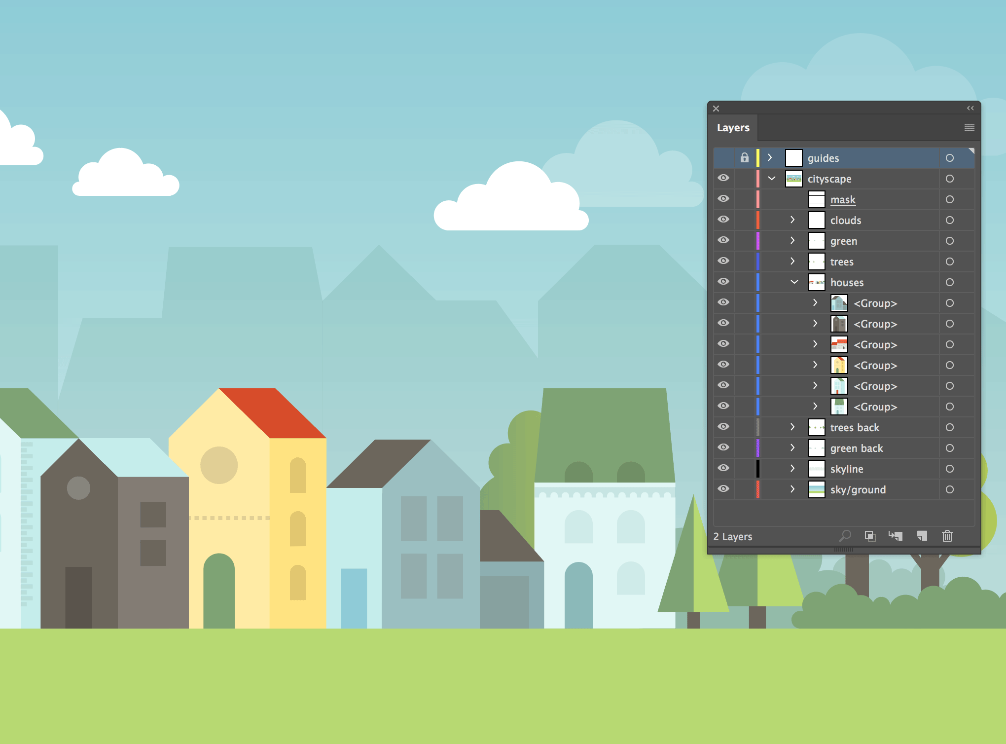 The general setup of the illustration, showing the Layers panel's structure, with all the sub layered grouped objects