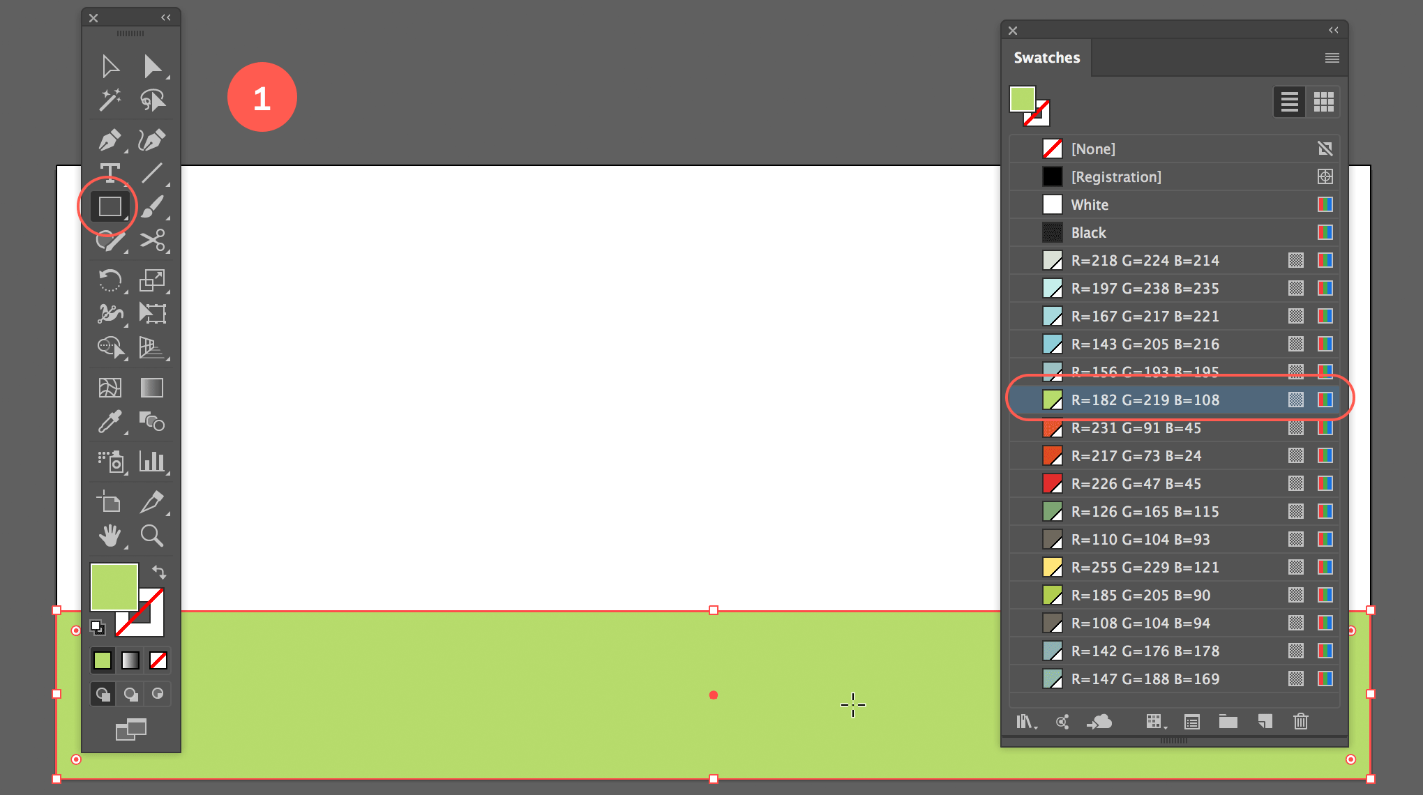 Draw a green rectangle at the bottom from left to right of your document using the horizontal guide as a reference.