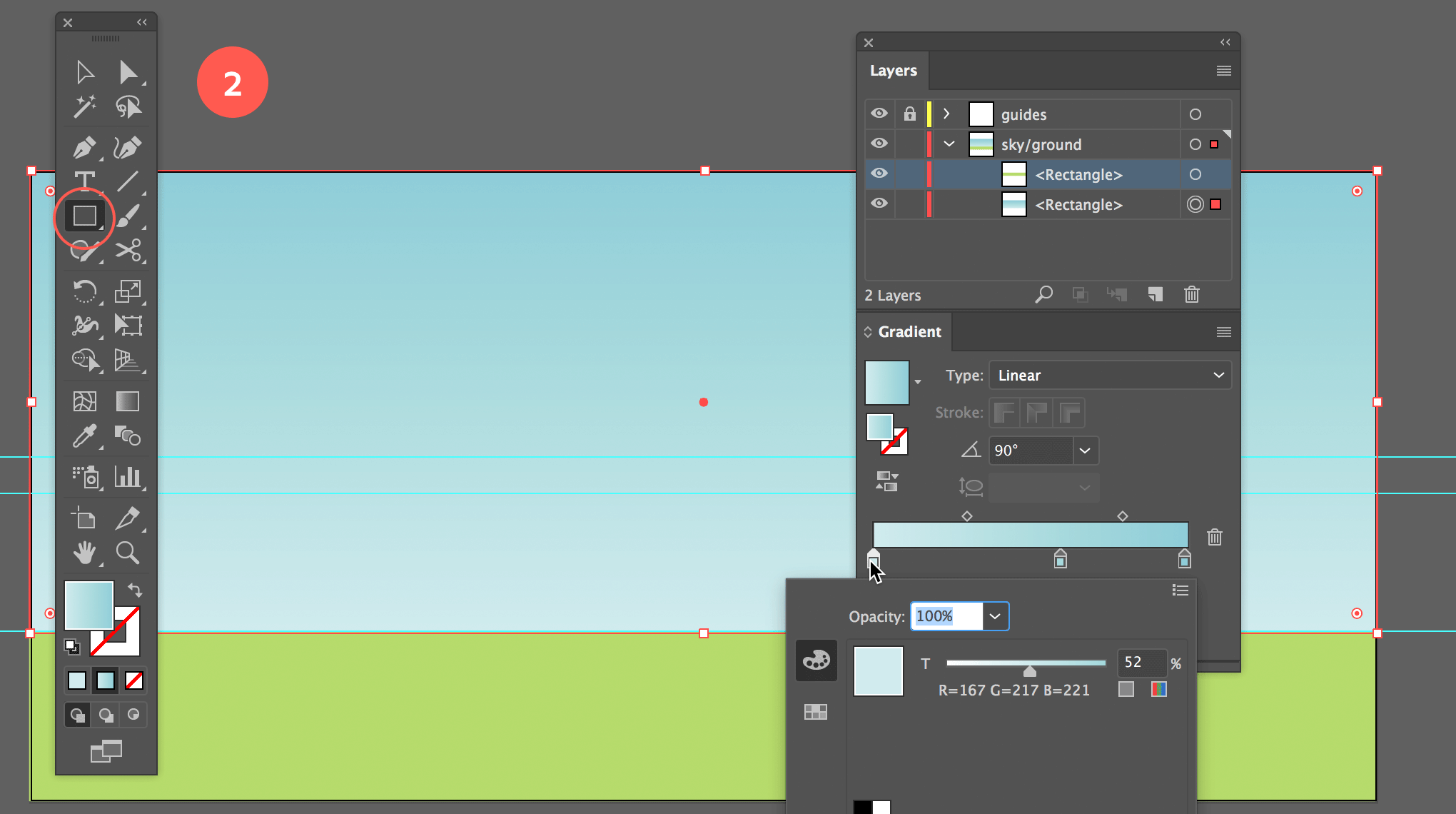 Draw another rectangle right above for the sky using a light blue gradient.