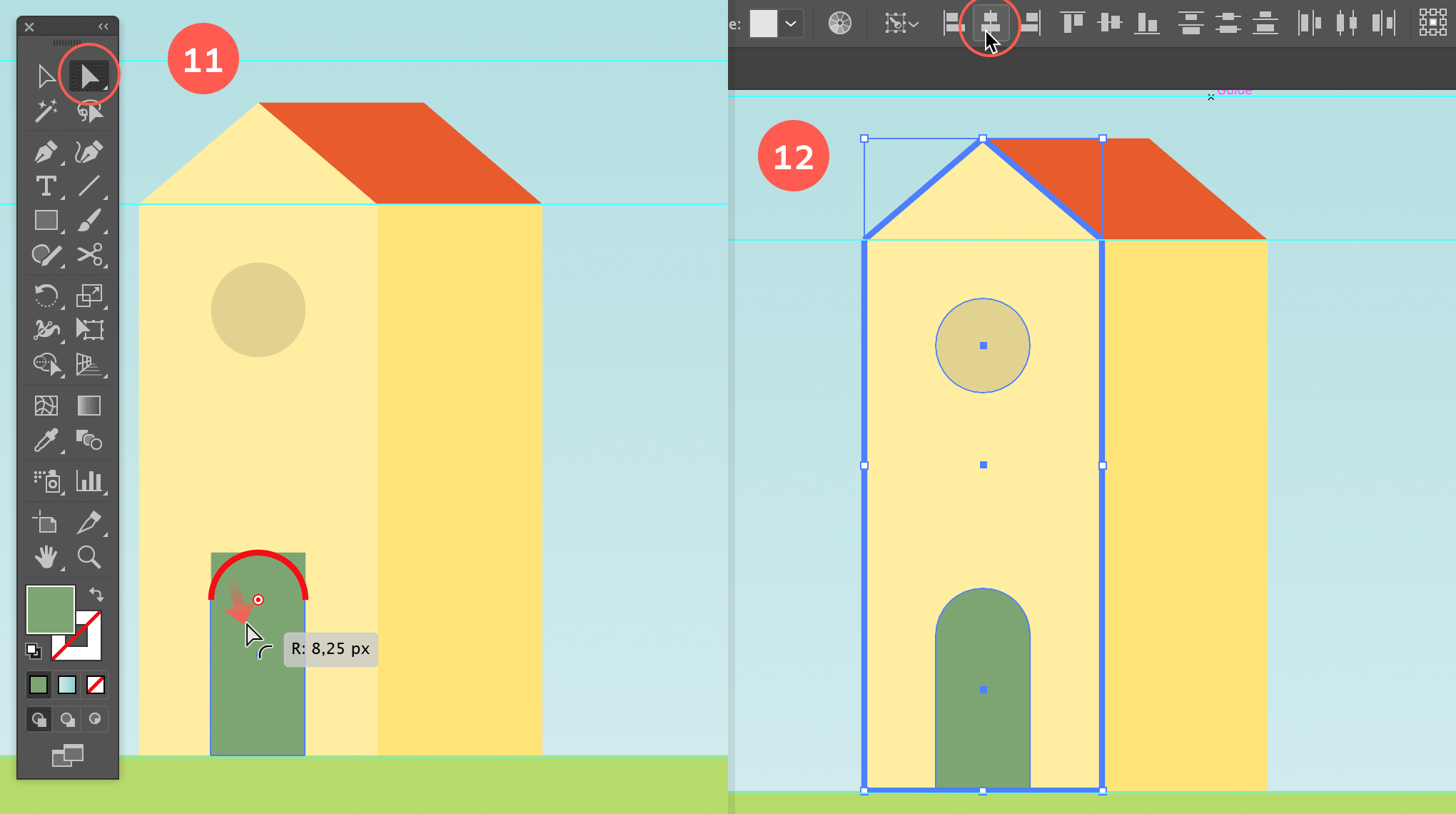 Adjust the shape of the door and center align the window and the door with the front of the house