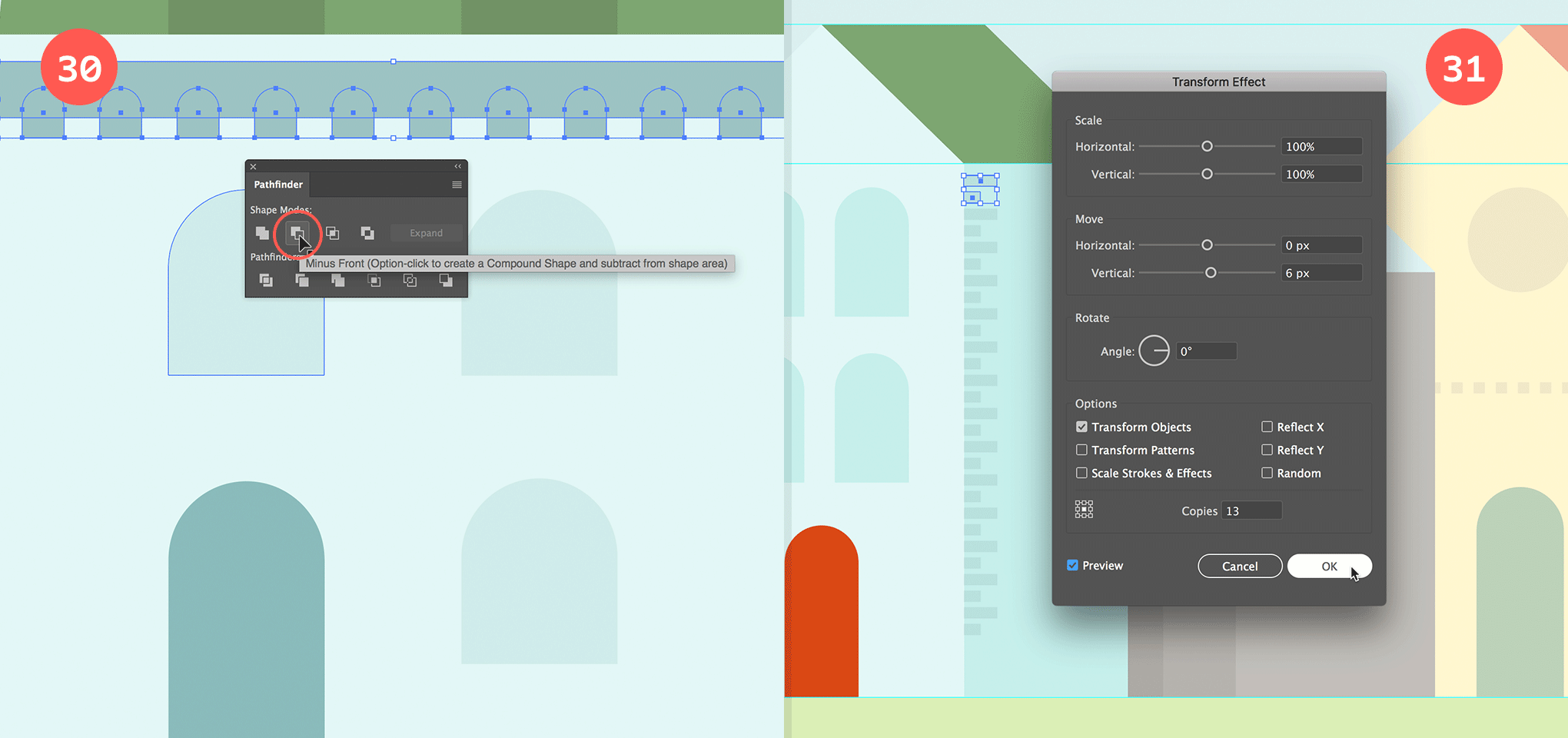 Expand the effect, and choose Minus Front to create the rounded gaps. Create a vertical brick effect on the other bluish house.