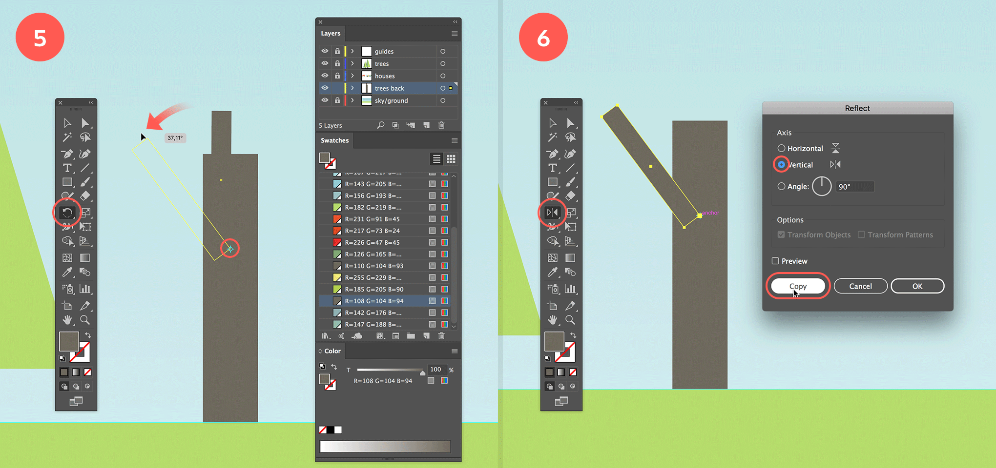 Draw the tree trunk and first branch, and copy reflect the branch to create the 2nd one.