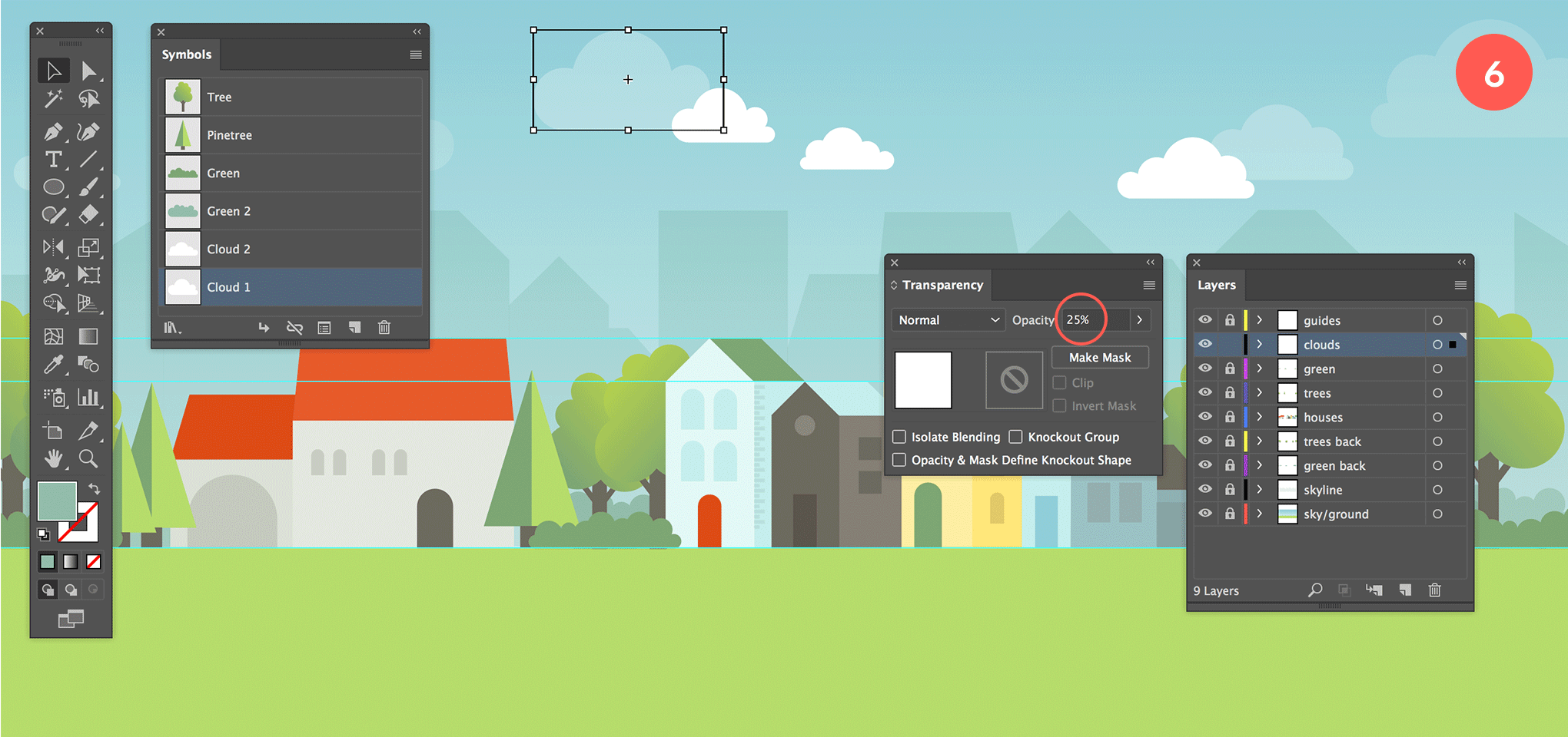 Create and add clouds by using the same technique you've used to create the bushes. Make it a Symbol and add them into the sky using different size and transparency values.