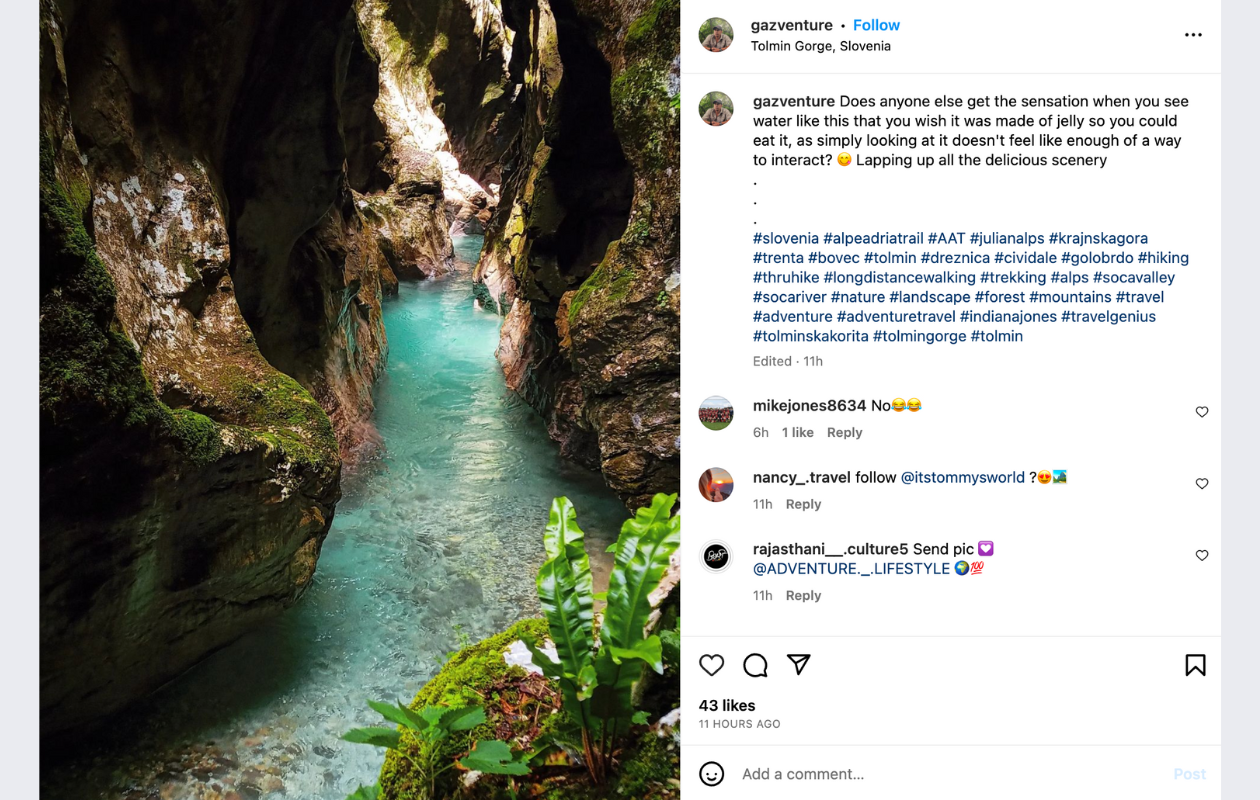 a screenshot from instagram with a photo of a river between rocks and the hashtag travel genius included