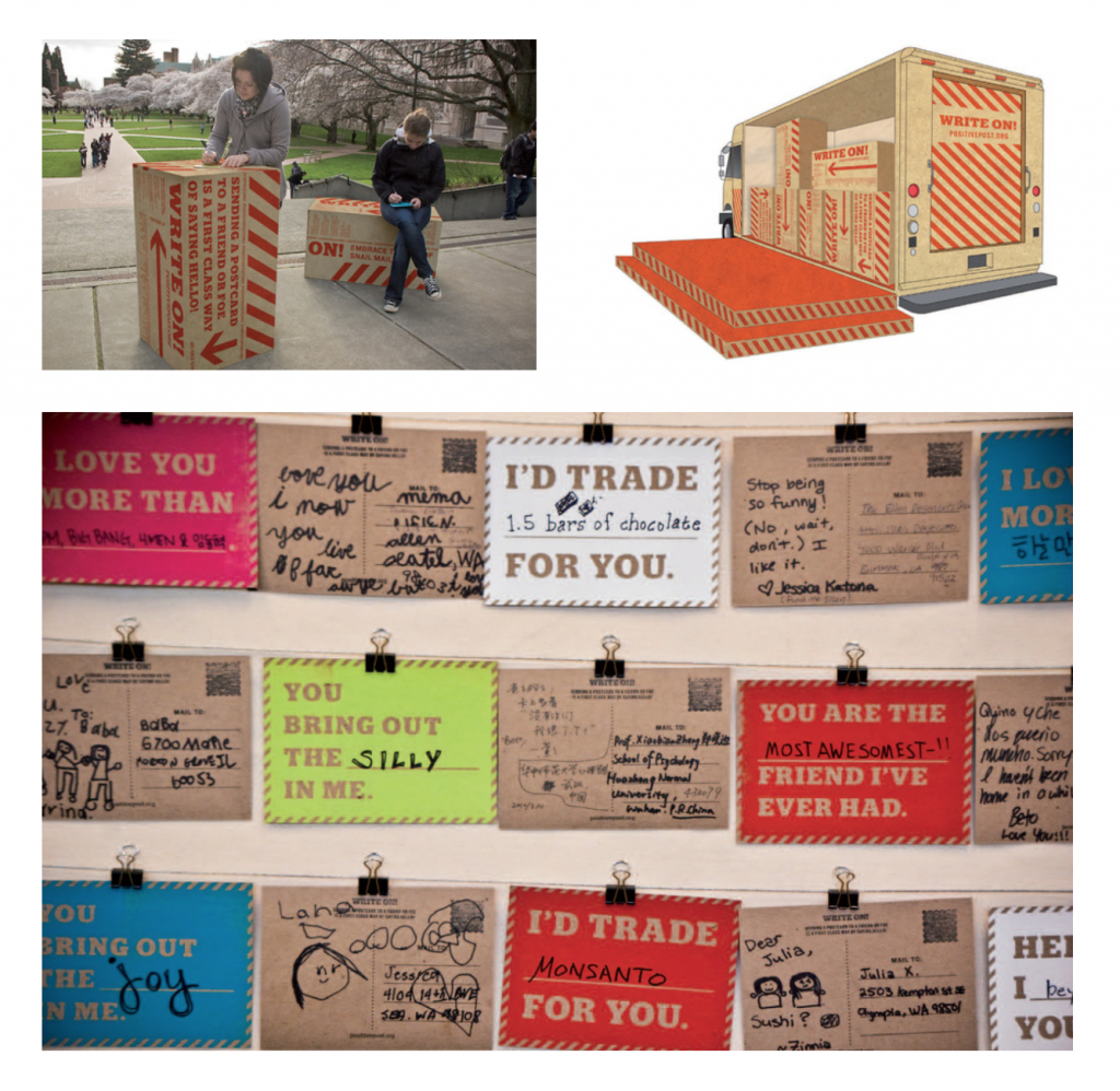 Write On! by Alanna MacGowan, Marisa Mickelson, Kimberly Shedrick, Ben Shown
Write On! revives the lost art of written correspondence, and “spreads some positivity one postcard at a time.” A renovated delivery truck travels across the U.S. stopping at outdoor venues where it opens up into a display and interaction space. Participants write on a screenprinted postcard of their choice, sitting on modified packing boxes. The cards are collected, temporarily displayed and then mailed by the Write On! staff. This student team tested out Write On! for real—in simplified form—on campus and around Seattle, and met with great success.