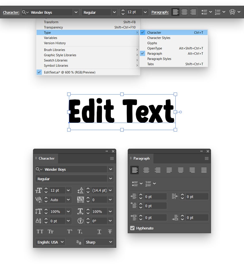 edit text in Illustrator using Type panels